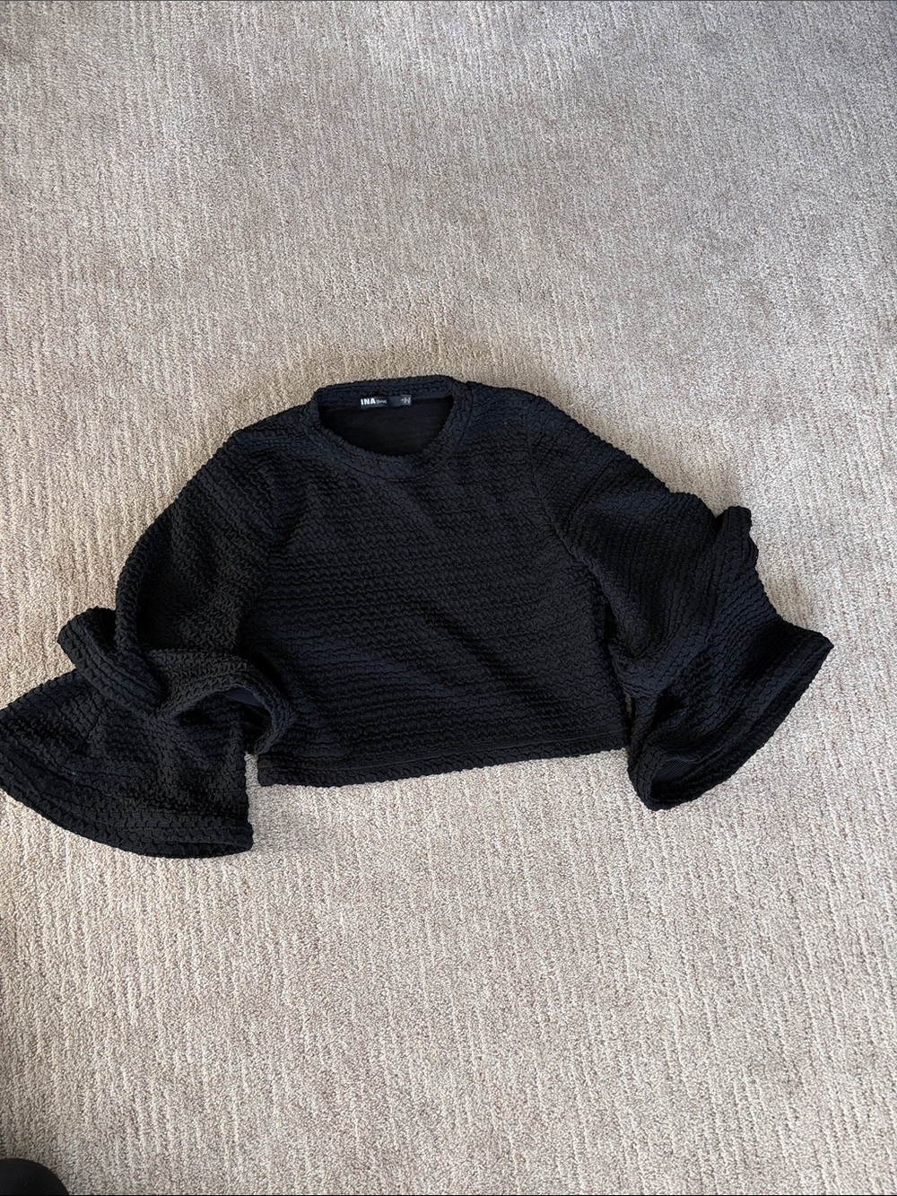 Black Textured Bell-Sleeve Cropped Blouse